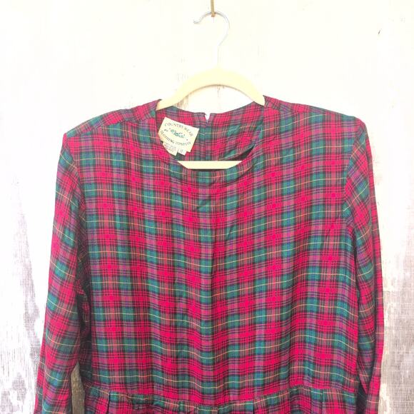 Vintage Country Wear Holiday Plaid Flannel Prairie Dress ShoulderPads Women's 12 - Picture 2 of 9